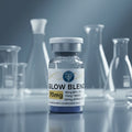 Bottle labeled 'Glow Blend' with scientific equipment in the background